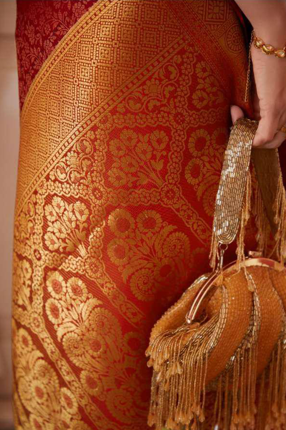 Ambikam Red Kanjivaram Silk Saree Woven with Golden Zari work and latest designer Blouse