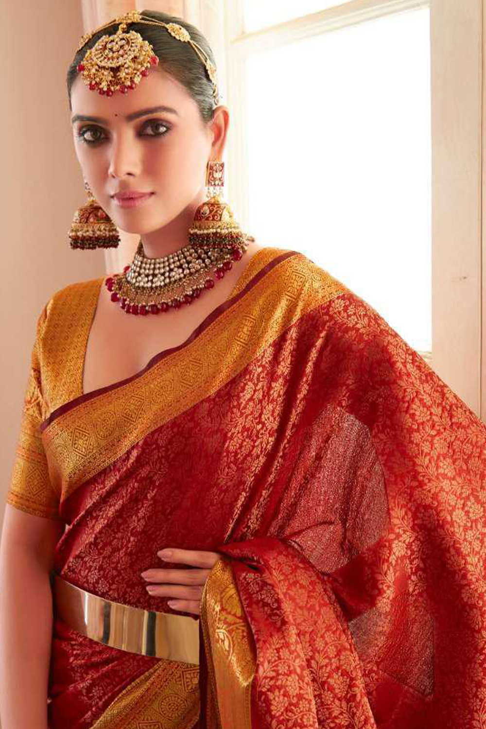 Ambikam Red Kanjivaram Silk Saree Woven with Golden Zari work and latest designer Blouse