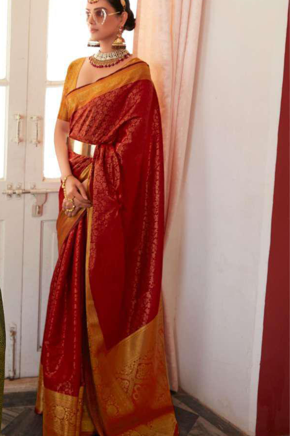 Ambikam Red Kanjivaram Silk Saree Woven with Golden Zari work and latest designer Blouse