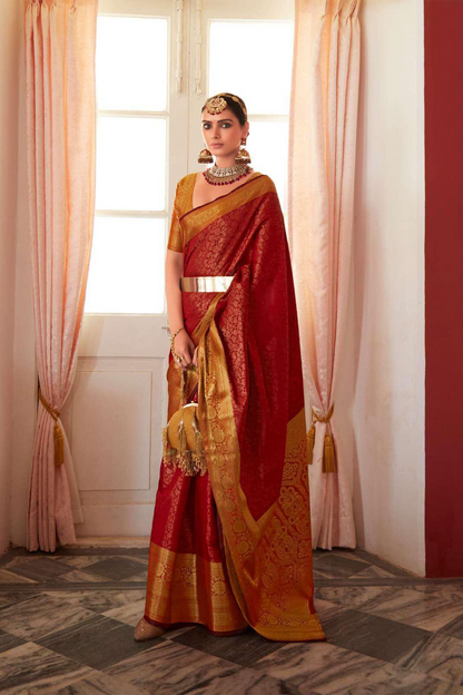 Ambikam Red Kanjivaram Silk Saree Woven with Golden Zari work and latest designer Blouse