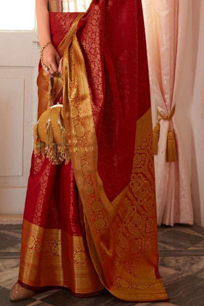 Ambikam Red Kanjivaram Silk Saree Woven with Golden Zari work and latest designer Blouse