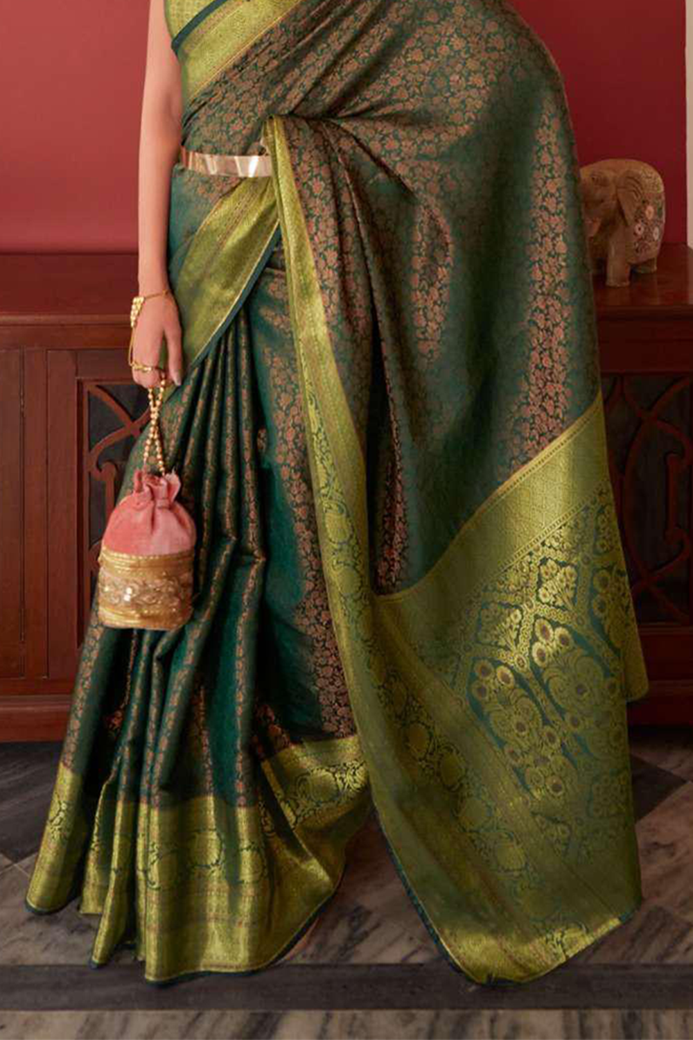 Ambikam Green Kanjivaram Silk Saree Woven with Golden Zari work and latest designer Blouse