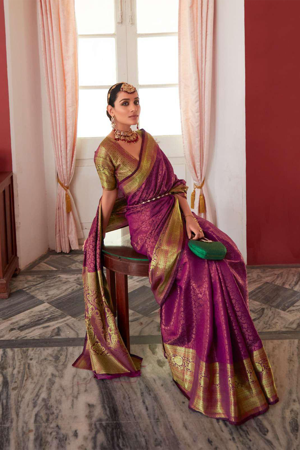 Ambikam Elegant Magenta Kanjivaram Silk Saree Woven with Golden Zari work and latest designer Blouse