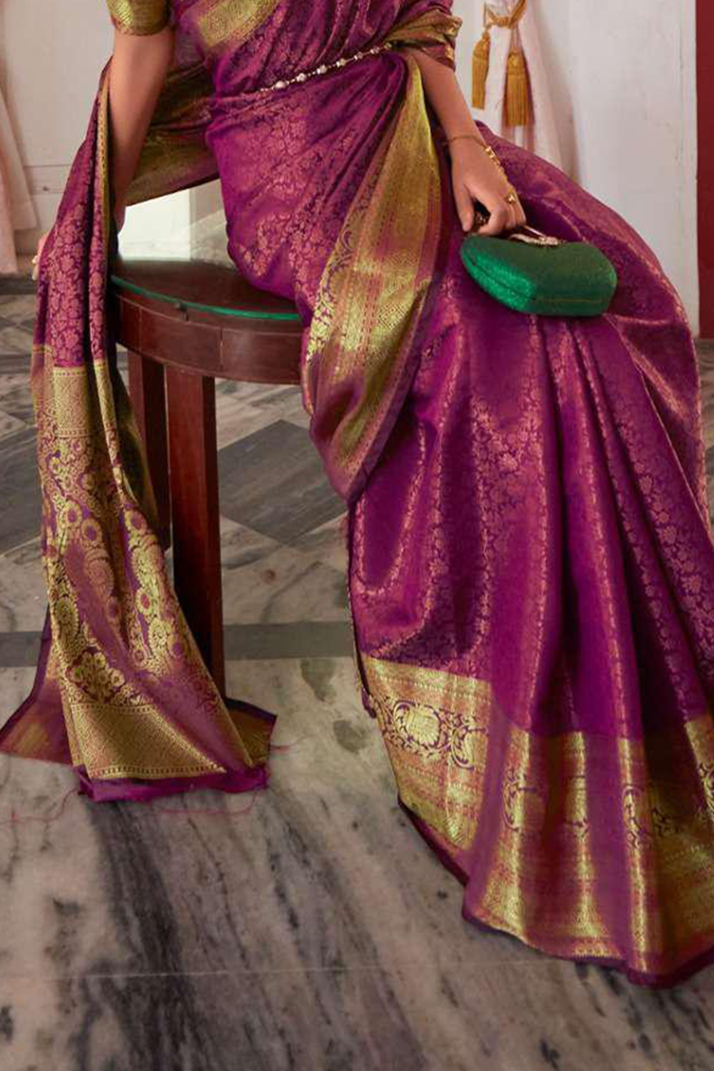 Ambikam Elegant Magenta Kanjivaram Silk Saree Woven with Golden Zari work and latest designer Blouse