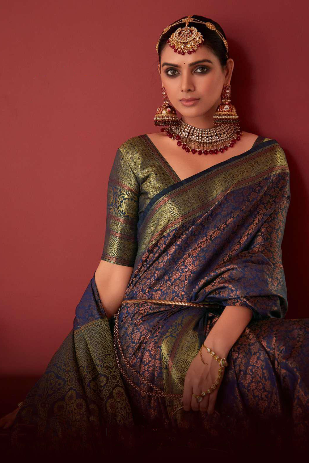 Ambikam Navy Blue Kanjivaram Silk Saree Woven with Golden Zari work and latest designer Blouse