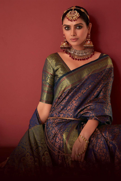 Ambikam Navy Blue Kanjivaram Silk Saree Woven with Golden Zari work and latest designer Blouse