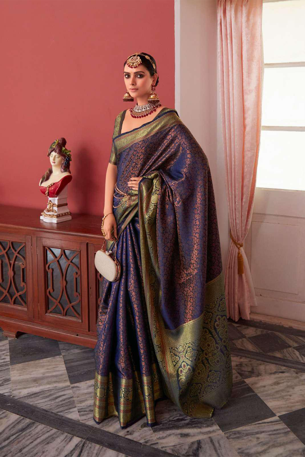 Ambikam Navy Blue Kanjivaram Silk Saree Woven with Golden Zari work and latest designer Blouse