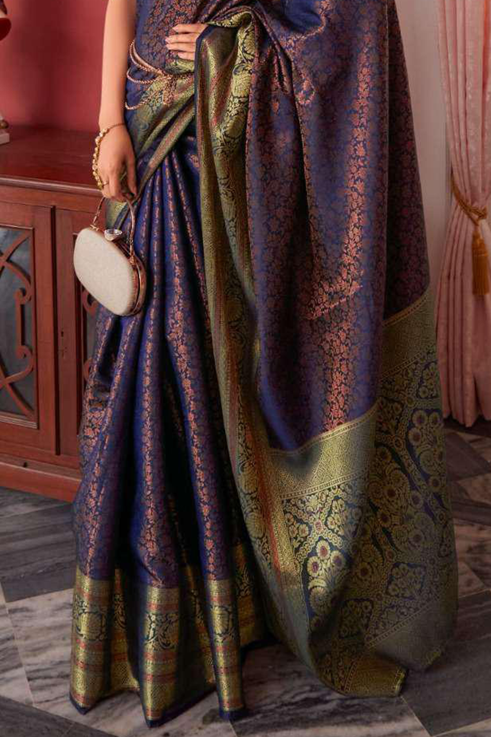 Ambikam Navy Blue Kanjivaram Silk Saree Woven with Golden Zari work and latest designer Blouse