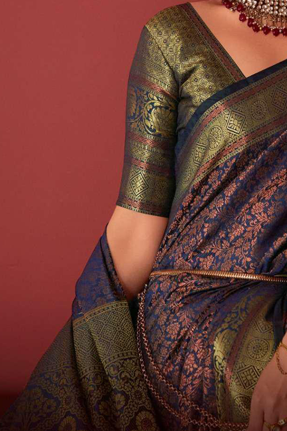 Ambikam Navy Blue Kanjivaram Silk Saree Woven with Golden Zari work and latest designer Blouse