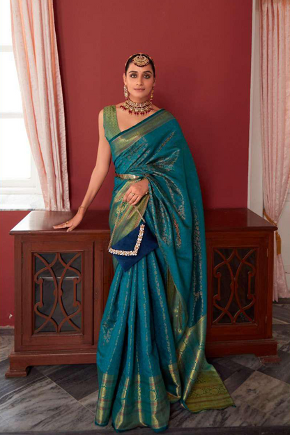 Ambikam Rama Blue Kanjivaram Silk Saree Woven with Golden Zari work and latest designer Blouse