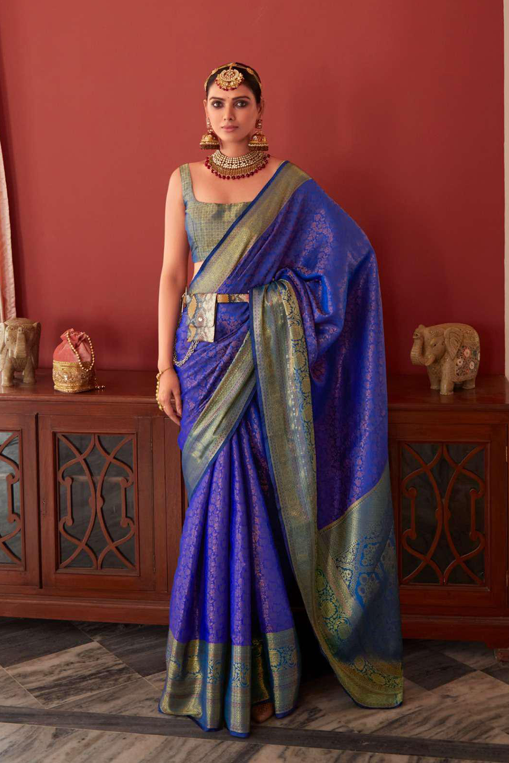 Ambikam Royal Blue Kanjivaram Silk Saree Woven with Zari work and latest designer Blouse