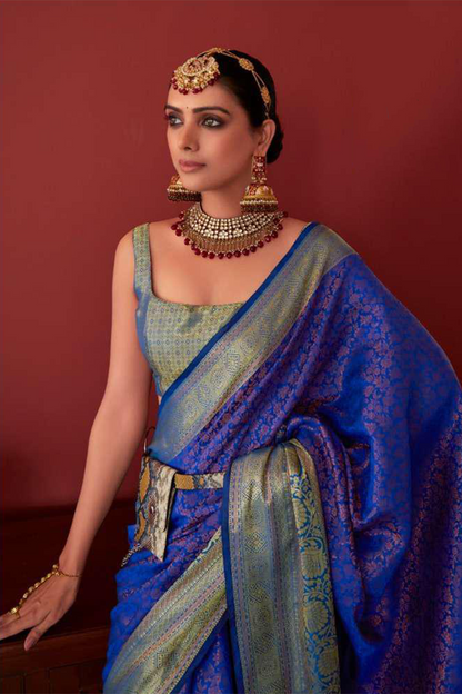 Ambikam Royal Blue Kanjivaram Silk Saree Woven with Zari work and latest designer Blouse