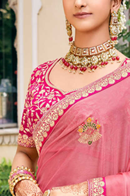 Ballerine Pink Chiffon Saree with Work Border and Latest Designer Blouse