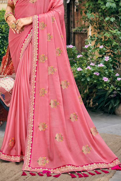 Ballerine Pink Chiffon Saree with Work Border and Latest Designer Blouse