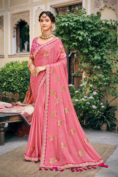 Ballerine Pink Chiffon Saree with Work Border and Latest Designer Blouse