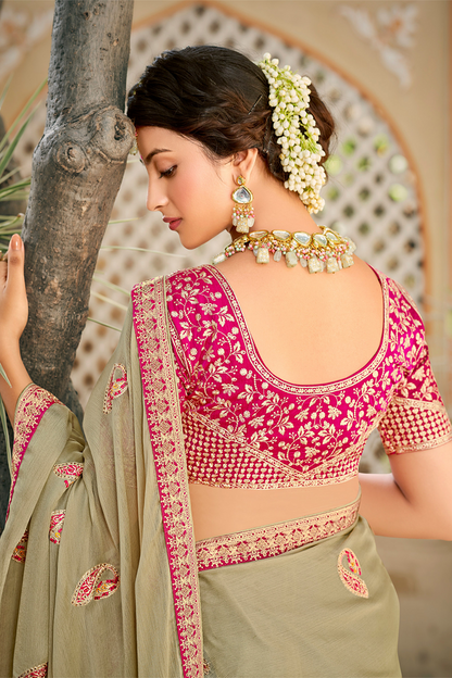 Elegant Bright Chiku Colour Chiffon Saree with Work Border and Latest Designer Blouse