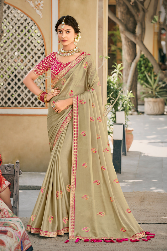 Elegant Bright Chiku Colour Chiffon Saree with Work Border and Latest Designer Blouse