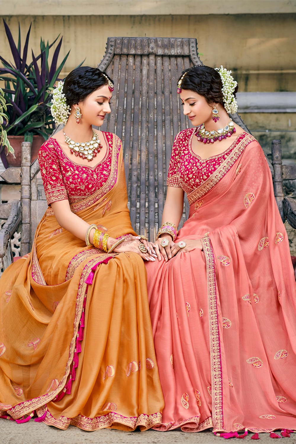 Graceful Light Coral Chiffon Saree with Work border and latest designer blouse Blouse