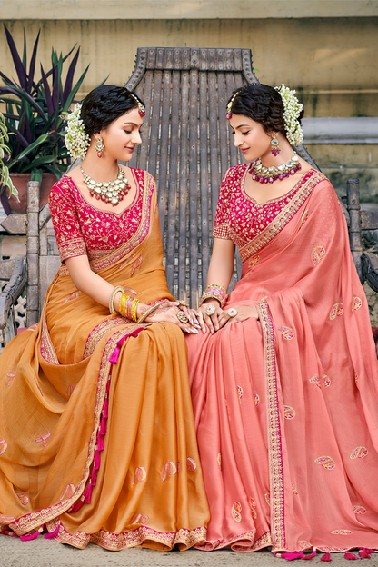 Graceful Light Coral Chiffon Saree with Work border and latest designer blouse Blouse