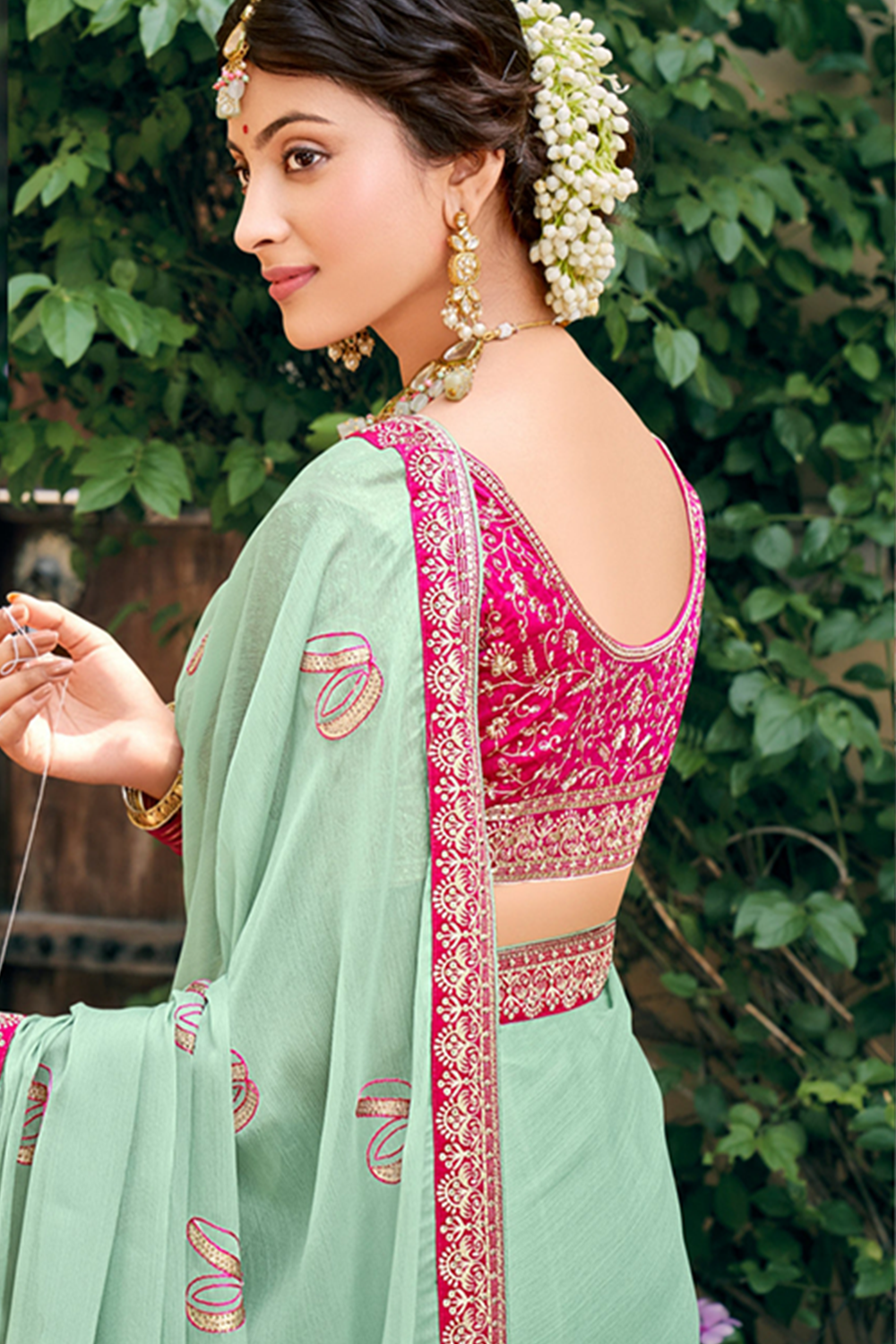 Beautiful Mint Green Chiffon Saree With work Border and Latest Designer Blouse