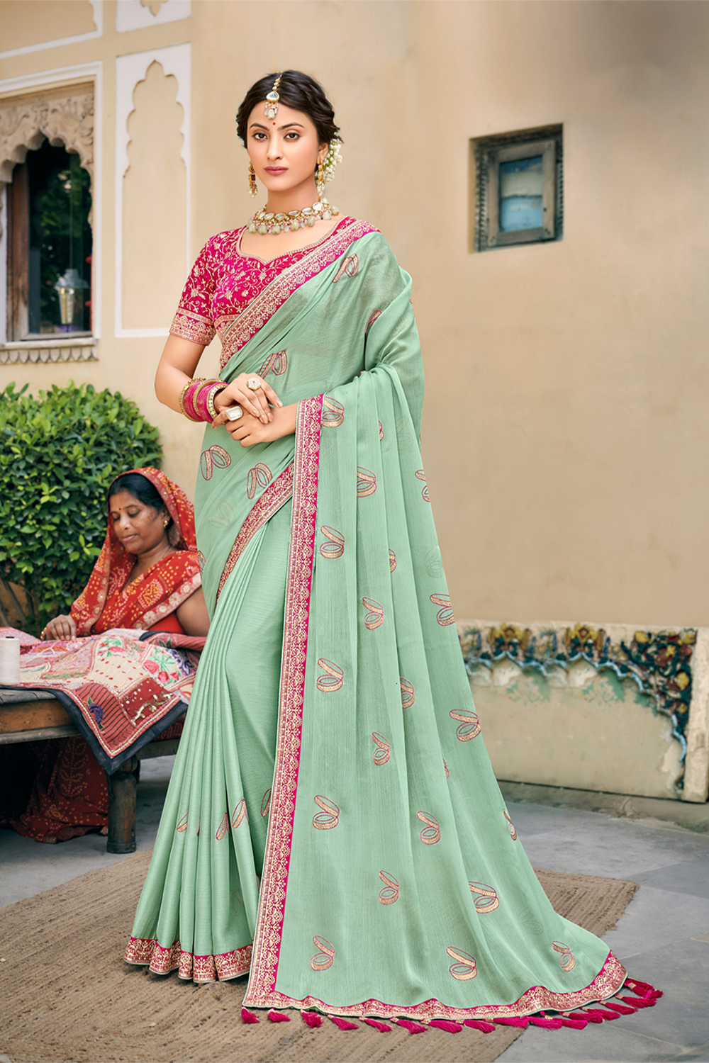 Beautiful Mint Green Chiffon Saree With work Border and Latest Designer Blouse