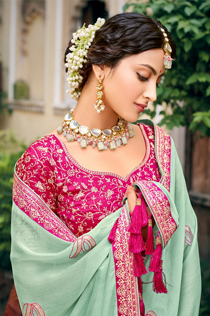 Beautiful Mint Green Chiffon Saree With work Border and Latest Designer Blouse