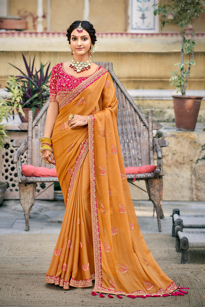 Gorgeous Mustard Yellow Chiffon Saree with Work Border and Latest Designer Blouse