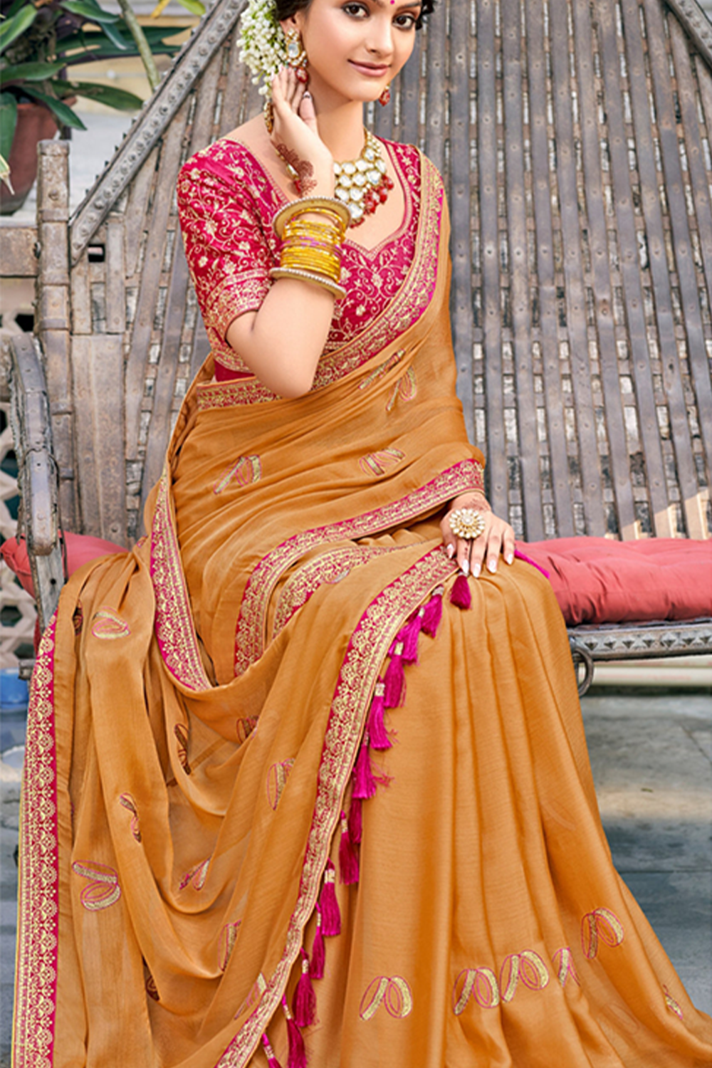 Gorgeous Mustard Yellow Chiffon Saree with Work Border and Latest Designer Blouse