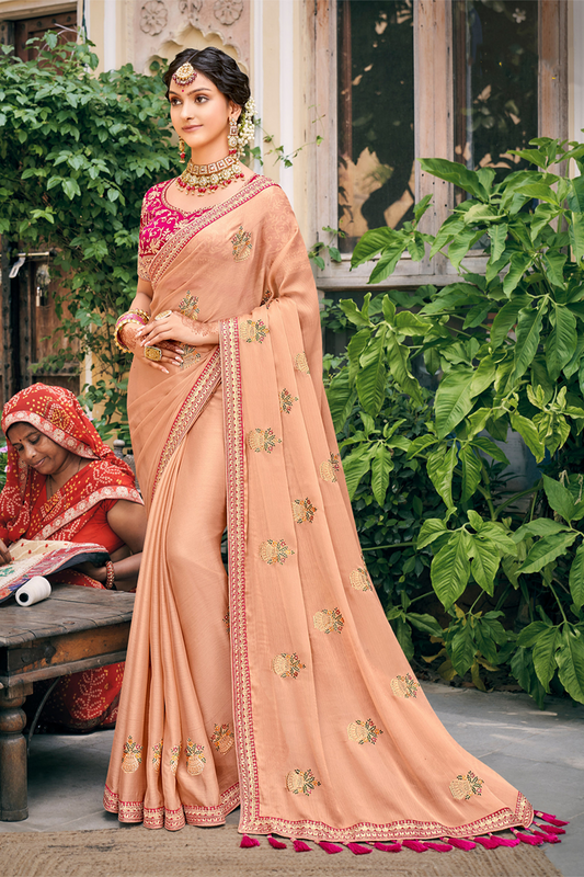 Gracious Peach Chiffon Saree with Work border and Latest Designer Blouse