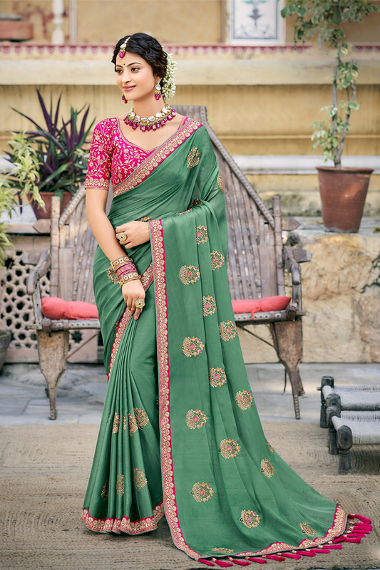 Regal Persian Green Chiffon Saree With Work Border and Latest Designer Blouse