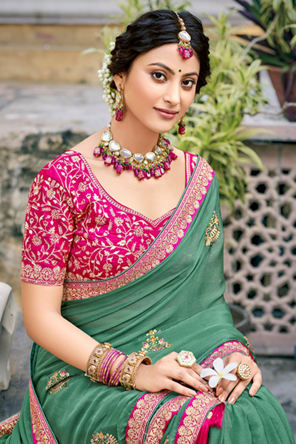 Regal Persian Green Chiffon Saree With Work Border and Latest Designer Blouse