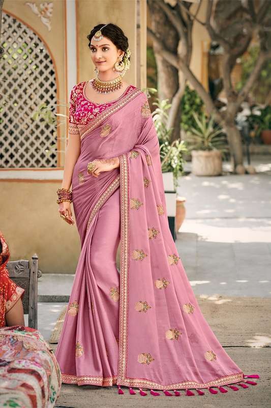 Gorgeous Pink Chiffon Saree with Work border and Latest Designer Blouse