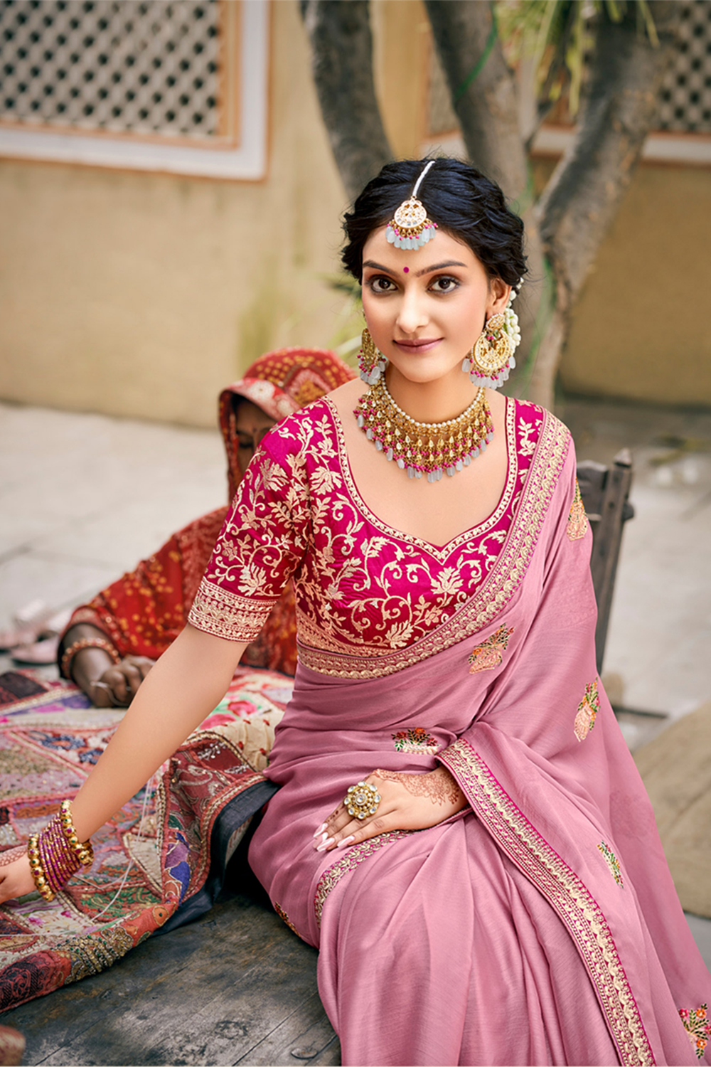 Gorgeous Pink Chiffon Saree with Work border and Latest Designer Blouse