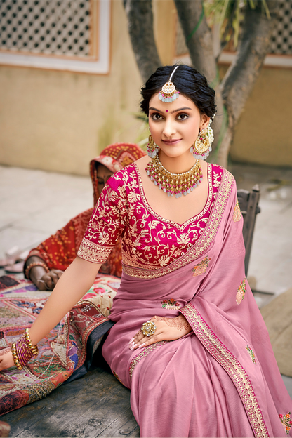 Gorgeous Pink Chiffon Saree with Work border and Latest Designer Blouse