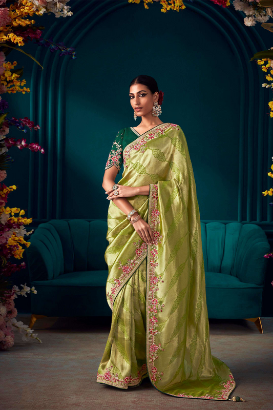 Lime Green Silk Saree with Latest Designer Blouse and Handcrafted Border