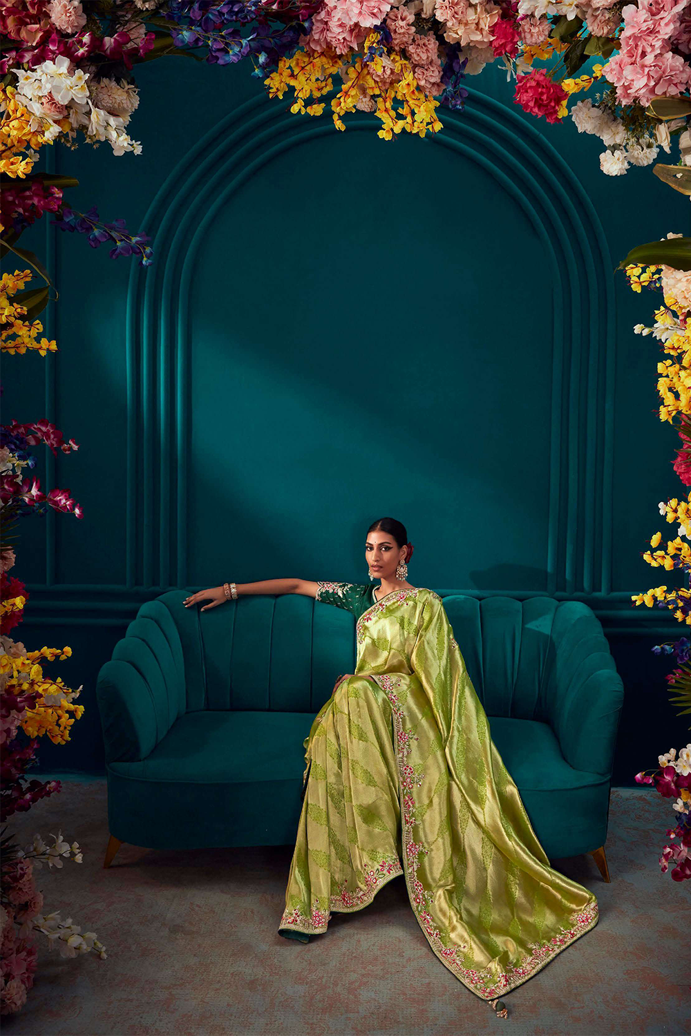 Lime Green Silk Saree with Latest Designer Blouse and Handcrafted Border