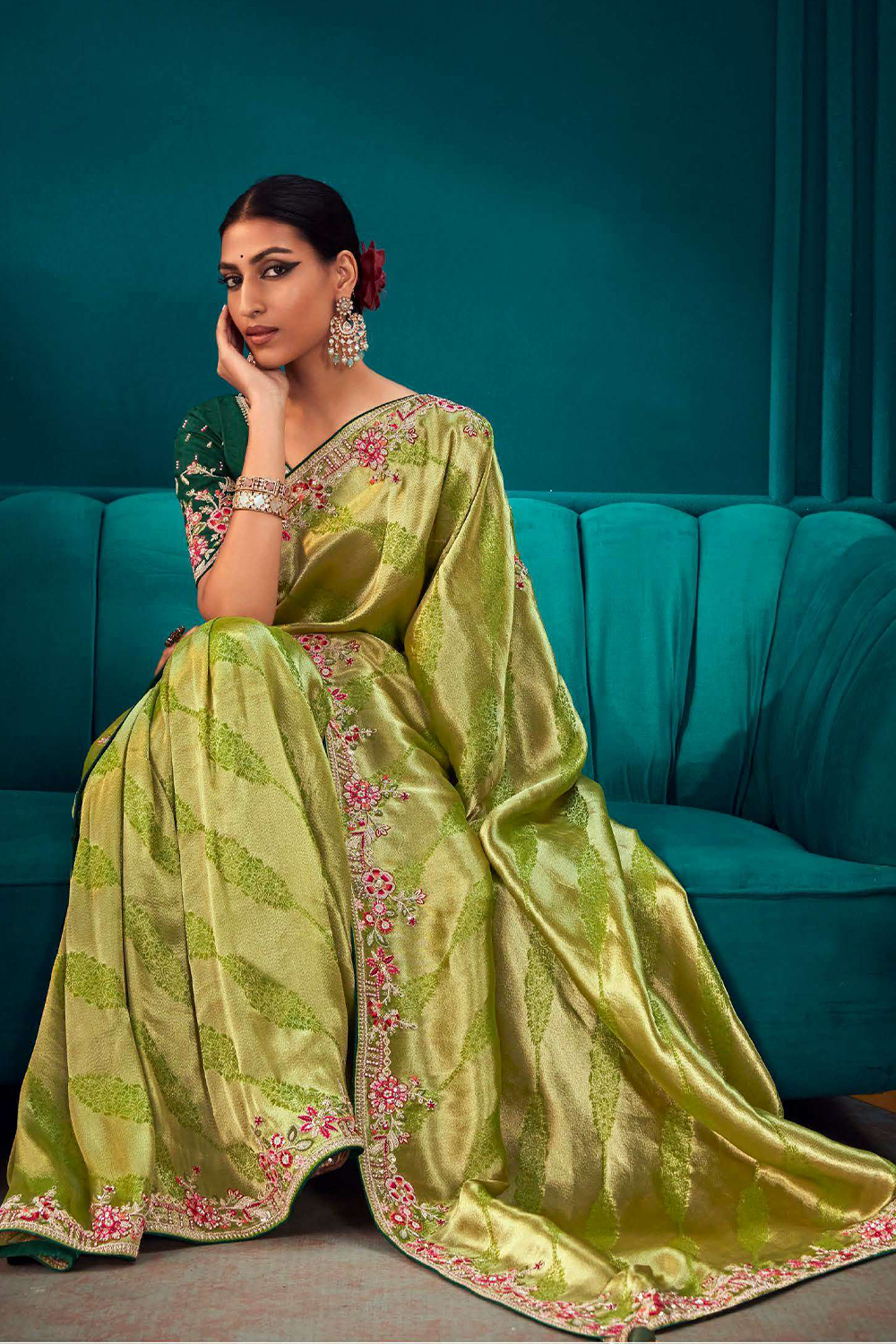 Lime Green Silk Saree with Latest Designer Blouse and Handcrafted Border