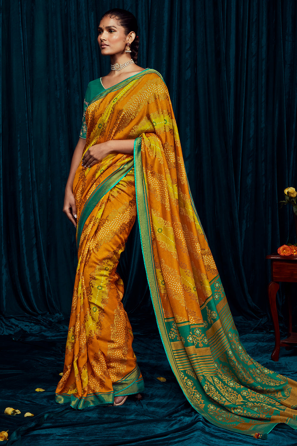 Soft Canary Yellow Saree with Green Blouse