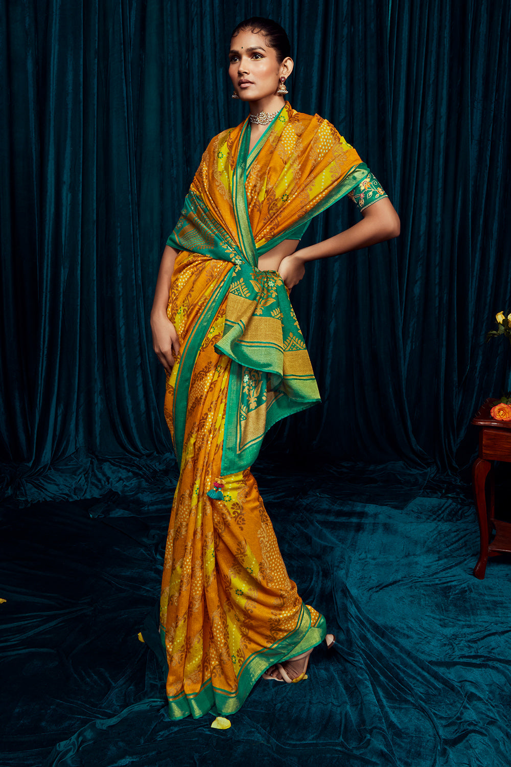 Soft Canary Yellow Saree with Green Blouse