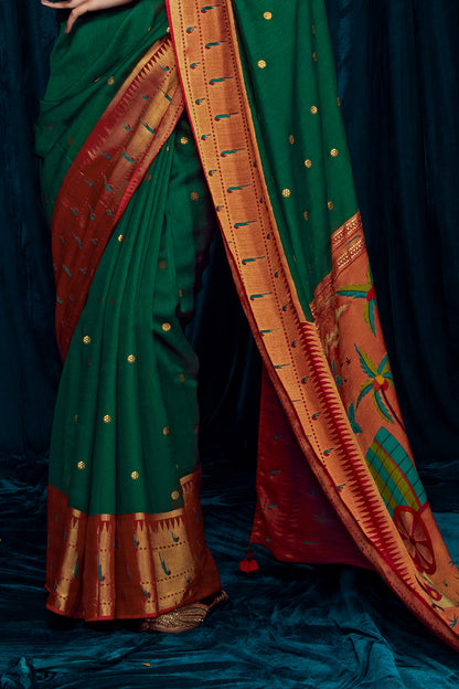 Dark Bottle Green Saree with red blouse and Paithani Pallu