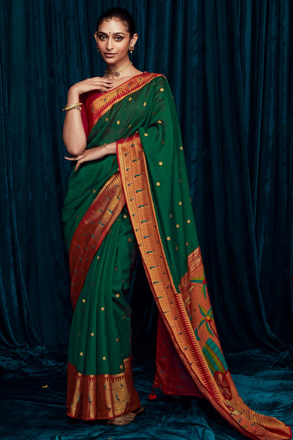 Dark Bottle Green Saree with red blouse and Paithani Pallu