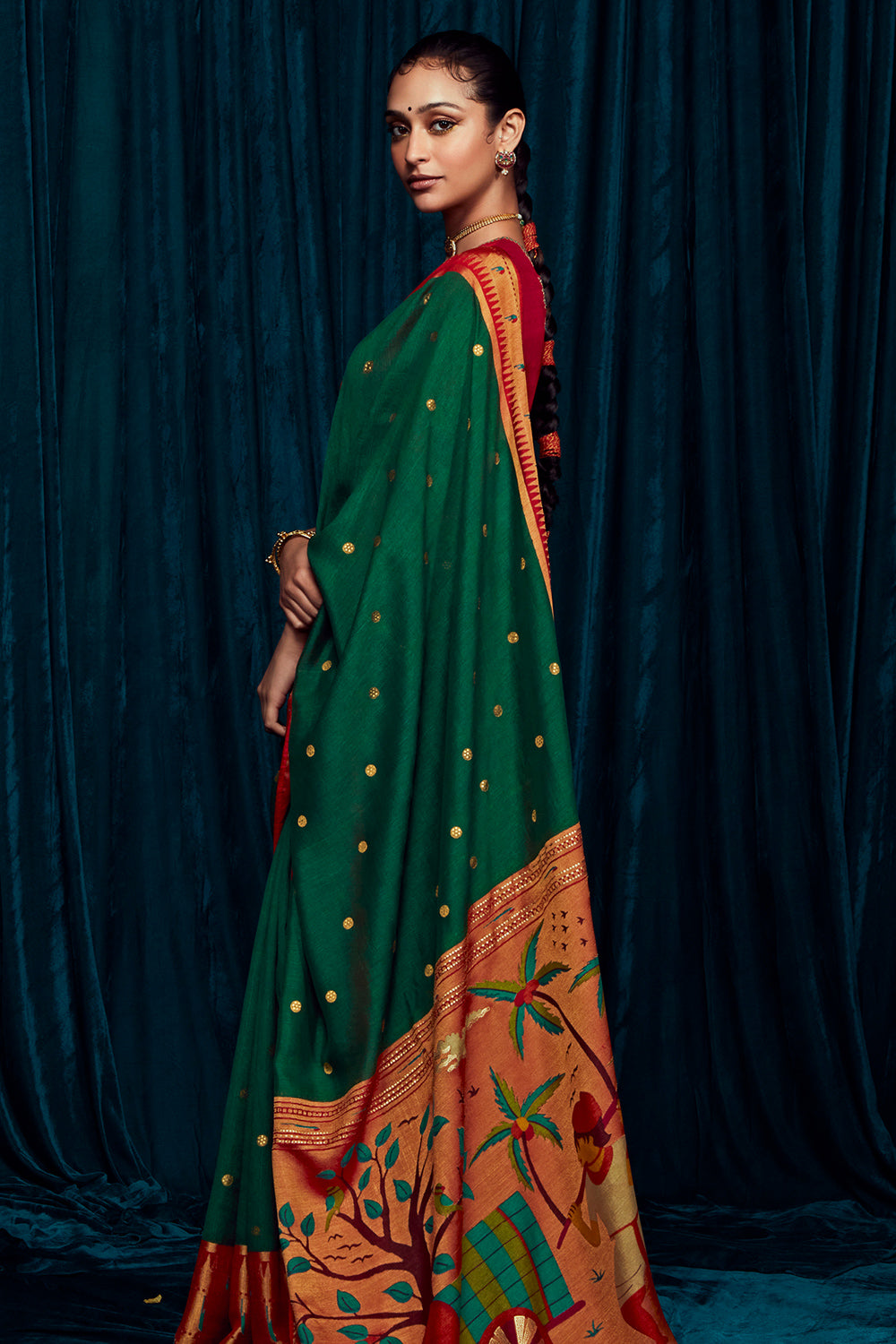 Dark Bottle Green Saree with red blouse and Paithani Pallu