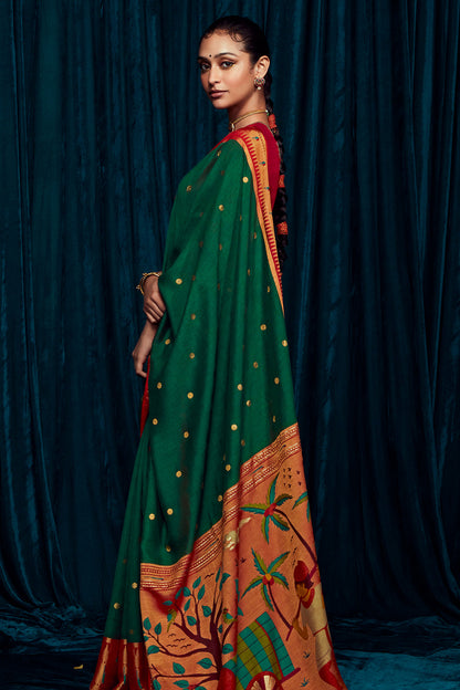 Dark Bottle Green Saree with red blouse and Paithani Pallu