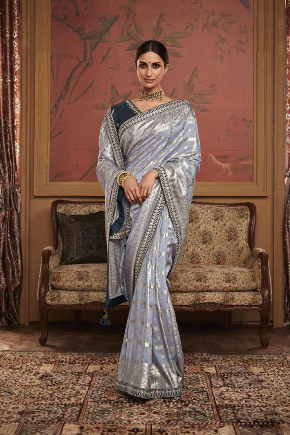 Ambikam Grey Dola Silk Saree with Latest Designer Blouse