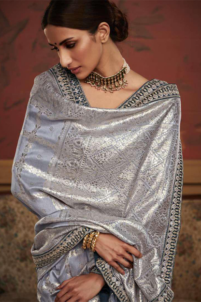 Ambikam Grey Dola Silk Saree with Latest Designer Blouse