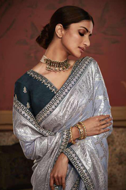 Ambikam Grey Dola Silk Saree with Latest Designer Blouse