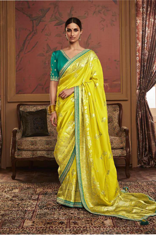 Ambikam Lemon Yellow Dola Silk Saree with Latest Designer Blouse