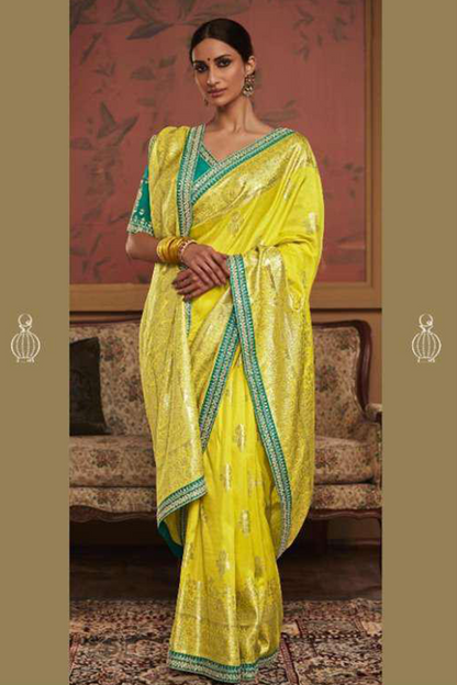 Ambikam Lemon Yellow Dola Silk Saree with Latest Designer Blouse