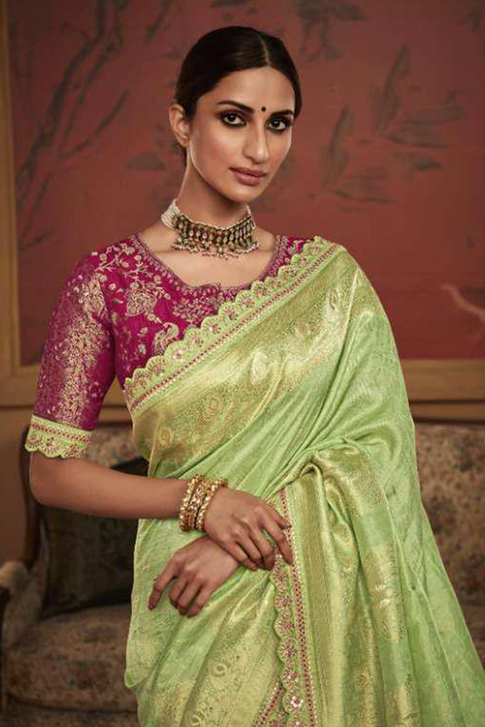 Ambikam Light Green Dola Silk Saree with Latest Designer Blouse