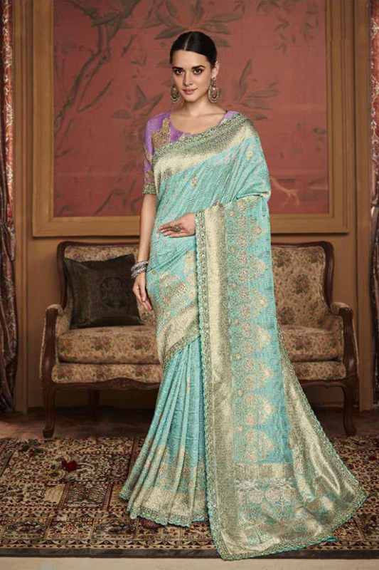 Ambikam Teal Blue Dola Silk Saree with Latest Designer Blouse